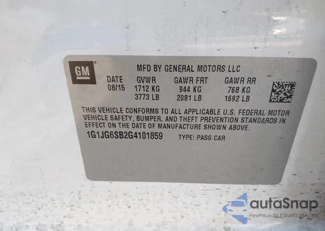 2016 Chevrolet Sonic Rs Auto z USA, uszkodzony, nr VIN 1G1JG6SB2G4101859